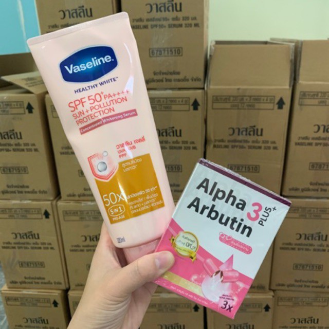 Combo dưỡng da Vaseline 50X 320ml và viên kích trắng Alpha Arbutin