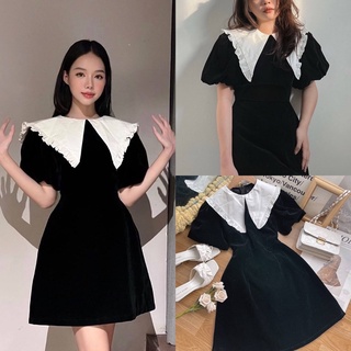 Đầm nhung đen phối cổ nhọn trắng