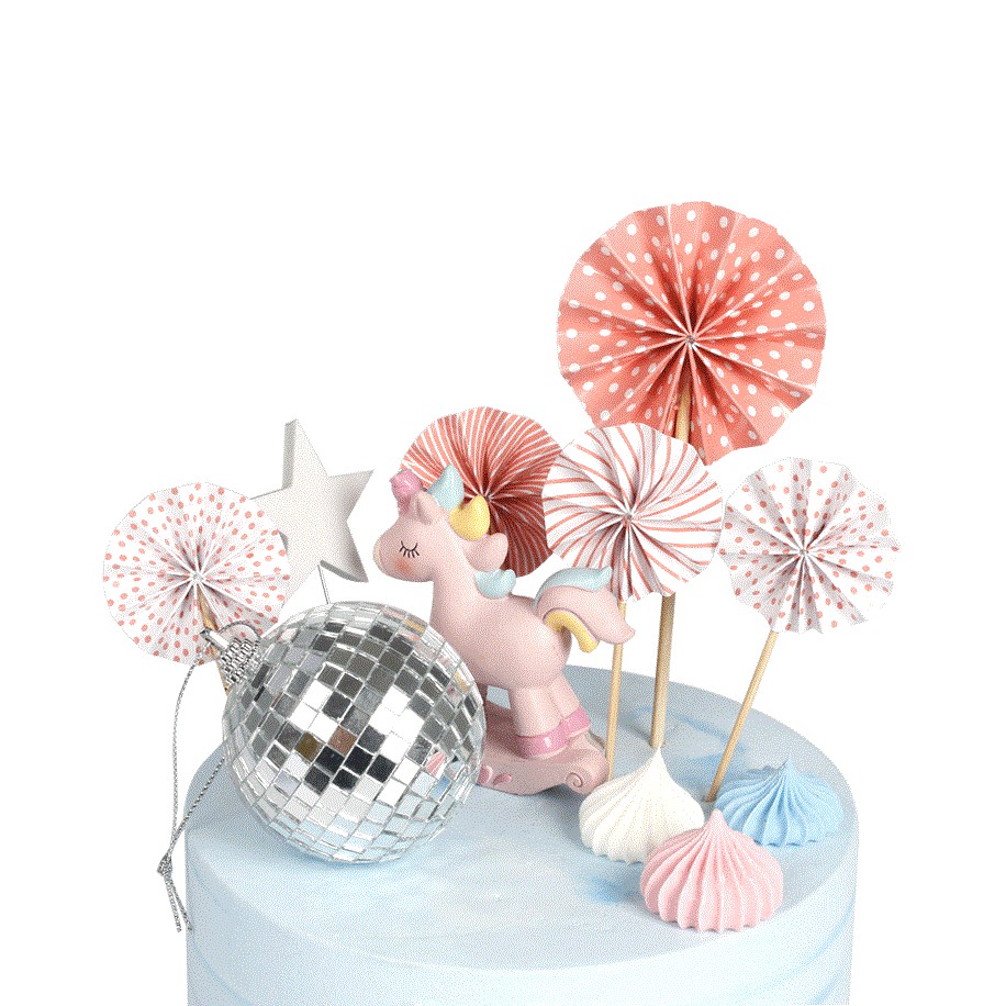 Topper/ que cắm quạt giấy đủ màu trang trí bánh kem (Set 4 cái)