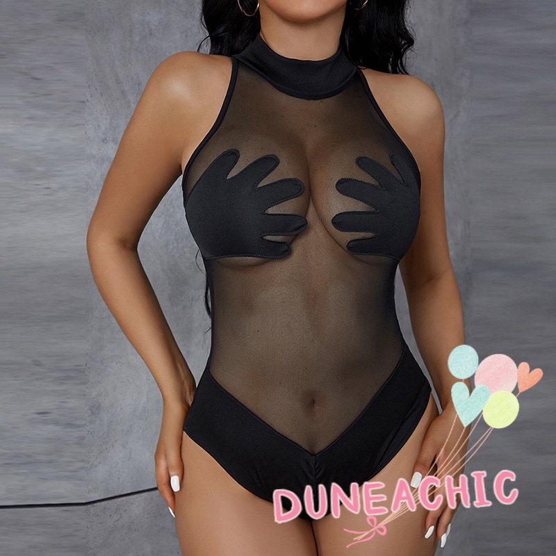 DUNEA Áo Liền Thân Phối Lưới Màu Sắc Tương Phản Quyến Rũ Cho Nữ