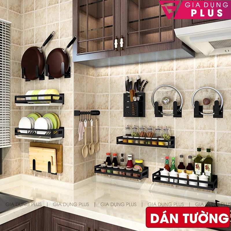 Giá kệ inox, sơn tĩnh điện dán tường nhà bếp không cần khoan đựng đồ đa năng (chén, đĩa, dao, đũa, gia vị, móc) | VIMORA