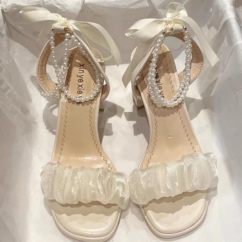 Sandal cao gót ren phối hạt cườm thắt nơ đi chơi, đi làm phong cách mùa hè