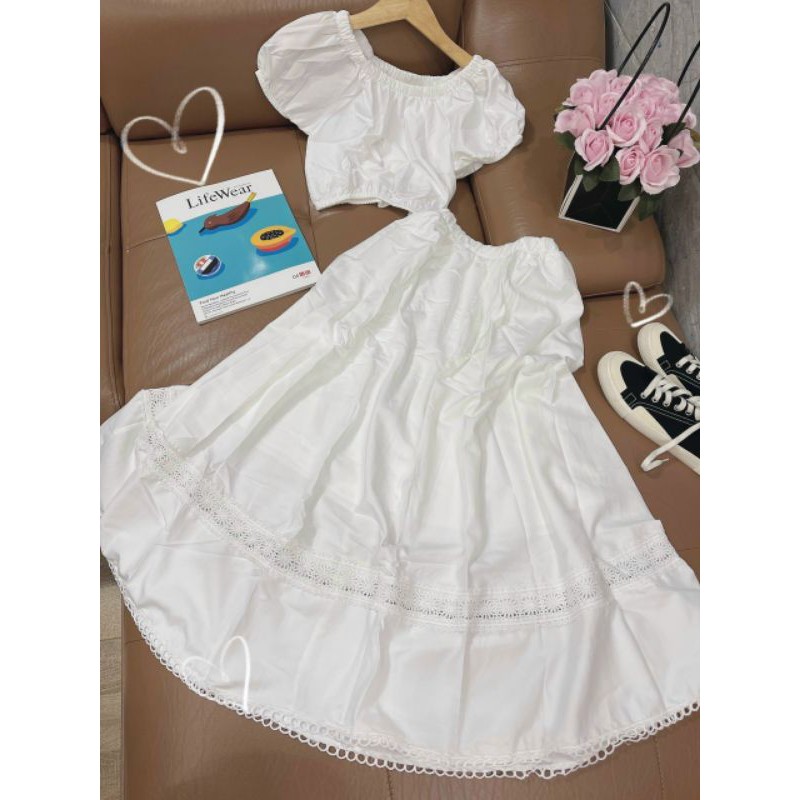 set áo bẹt vai + chân váy xòe midi trắng