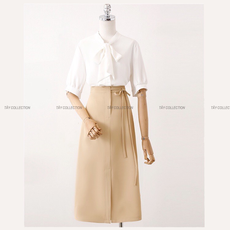 Chân váy midi chữ A phối nơ TÂY COLLECTION dài 60cm qua gối