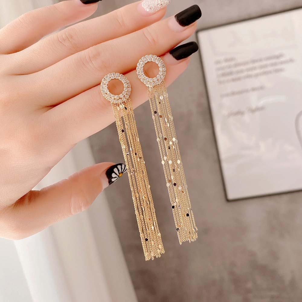 Bông Tai Dáng Dài Mặt Hình Vuông Phối Tua Rua Phong Cách Hàn Quốc Tinh Tế S925