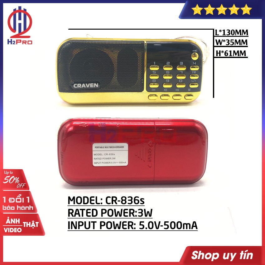 Đài FM-Mp3 CRAVEN CR-836S 3W H2Pro USB-Thẻ nhớ-Đèn pin-loại 2 pin sạc 18650 (1 chiếc - tặng 2 pin sạc 18650 80k)