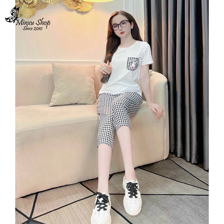 Bộ ngủ nữ áo ngắn tay quần dài kẻ caro hình thỏ Minxu shop SE06
