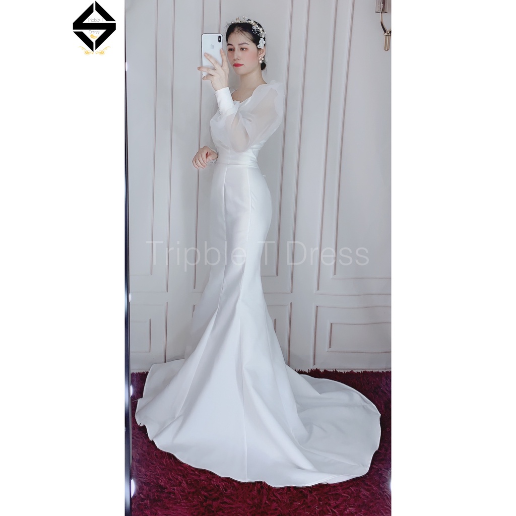 Đầm body đuôi cá mặc cướiTRIPBLE T DRESS tay dài phồng hở lưng phối chuỗi ngọc - size S/M/L -MS166Y