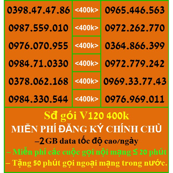 Sim Đẹp Viettel GIÁ 400k GÓI khủng V120 Miễn phí GỌI + Data tốc độ cao HỖ TRỢ ĐĂNG KÝ CHÍNH CHỦ ( xem chi tiết Sp)