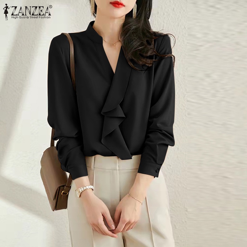 Áo sơ mi ZANZEA cổ V xếp li dài tay có nút ở cổ tay phong cách công sở cho nữ