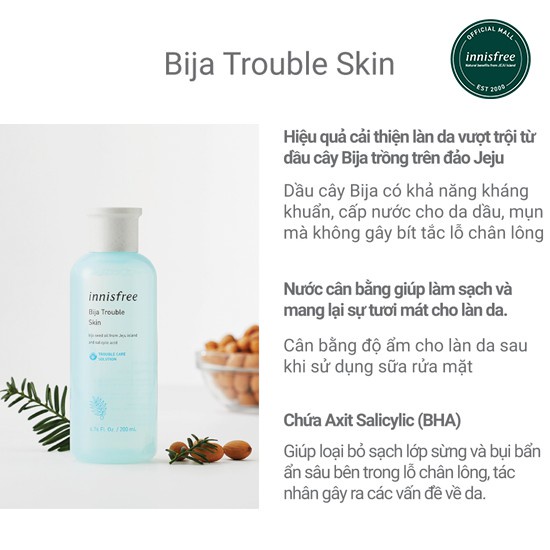 [Mã COSIF05 giảm 10% đơn 400K] Nước cân bằng dành cho da mụn Innisfree Bija Trouble Skin 200ml