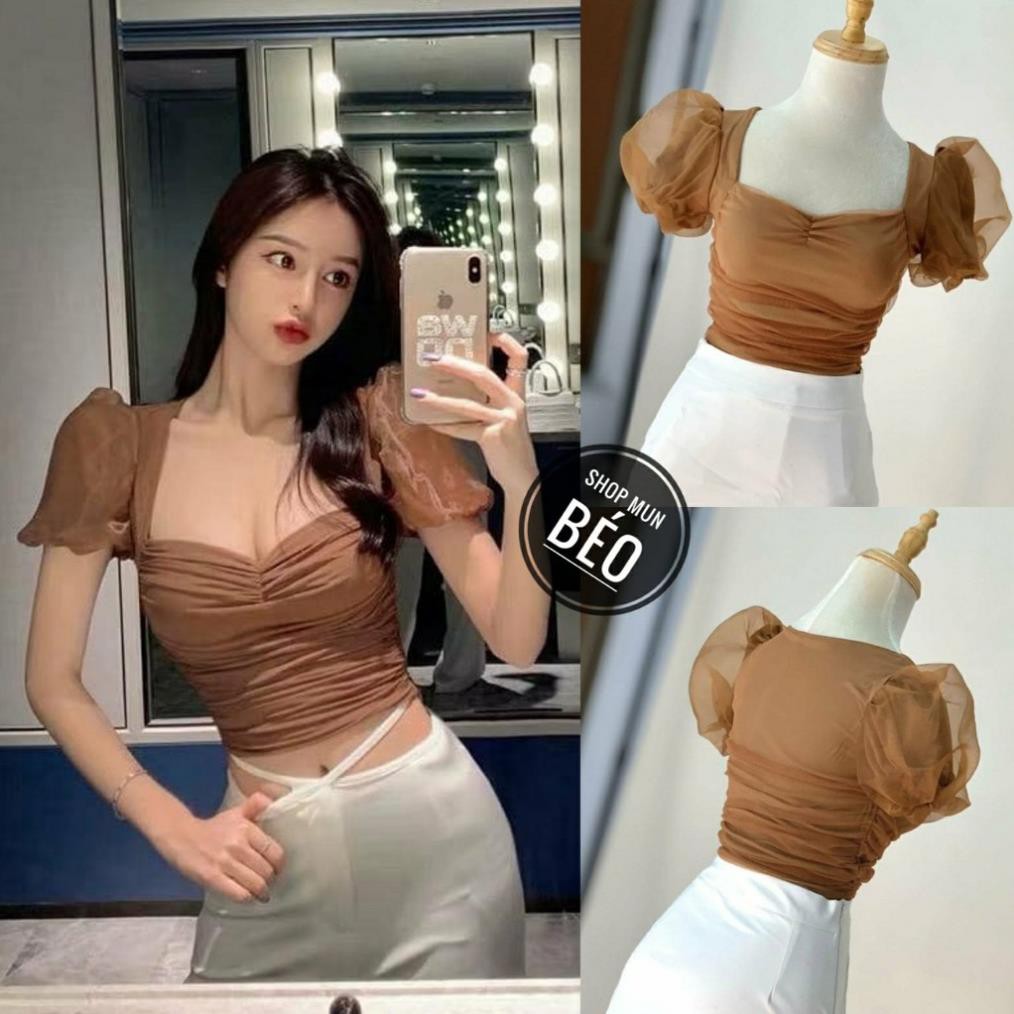 Áo Croptop Lưới Tay Phồng Cúp Ngực (NUDE) ྇