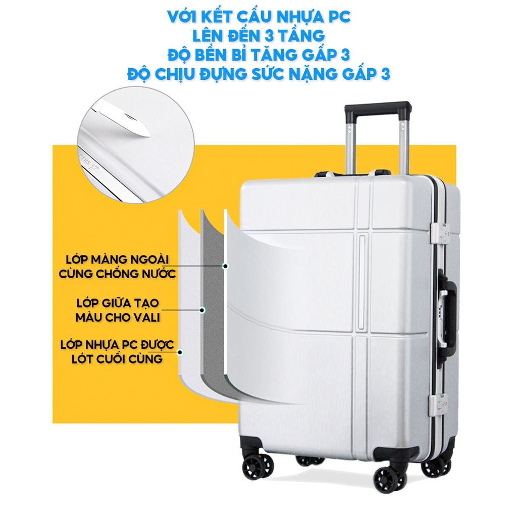 Vali khung nhôm cao cấp thời trang mẫu thương gia du lịch bánh xe xoay 360 độ khoá sập TSA mật khẩu 3 đơn vị số L075