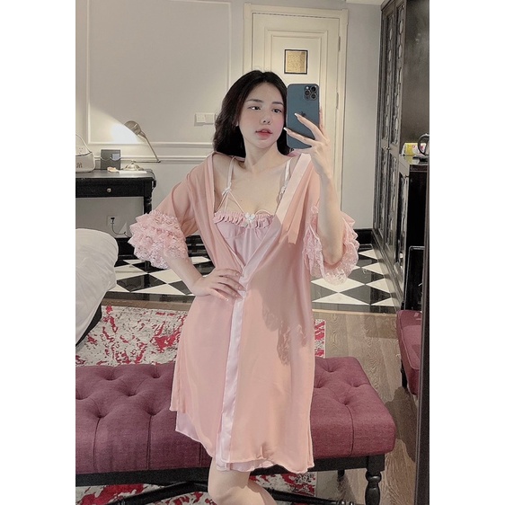 Set đầm ngủ lụa latin kèm choàng sang xịn