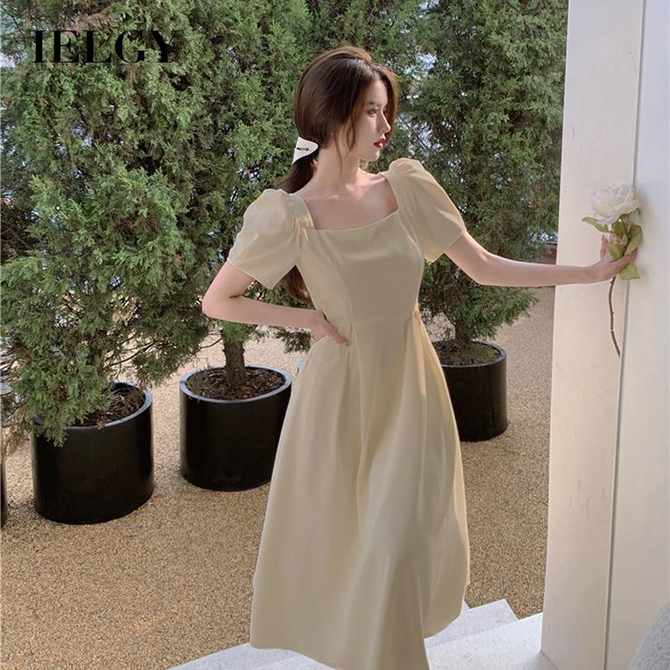 IELGY     Đầm Cổ Vuông Nhấn Eo Phong Cách Pháp Thời Trang Cho Nữ