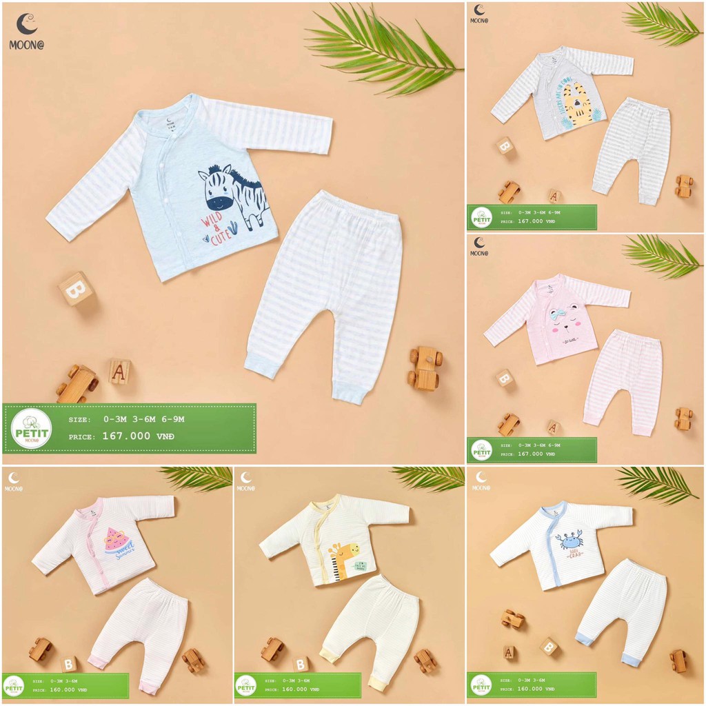 [CHÍNH HÃNG] Bộ quần áo sơ sinh dài tay cài lệch chất petit họa tiết kẻ Moon