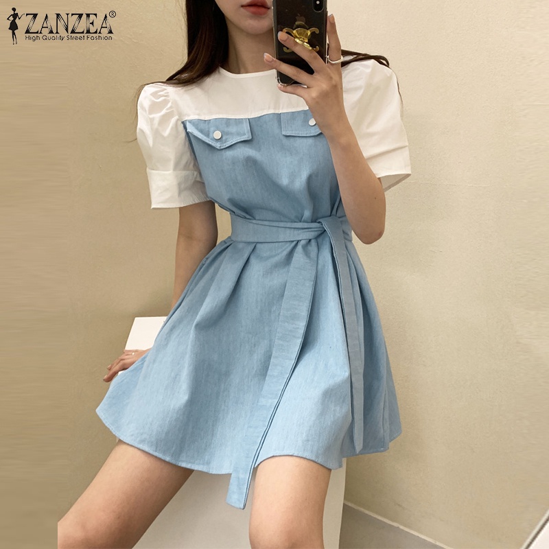 Zanzea Đầm Ngắn Tay Phồng Phối Màu Tương Phản Thời Trang Dành Cho Nữ