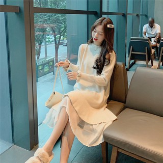 ( Sẵn Hồng ) Đầm Len Suông Phối Voan