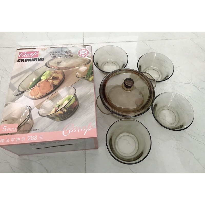 (Hỏa Tôc)-Bộ Chén Bát Thủy Tinh Chunming Cao Cấp Chịu Nhiệt và Cường Lực, Bao gồm 5 Bộ Sản Phẩm 1 Nồi và 4 Bát