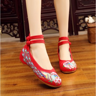 Giày búp bê thêu họa tiết chim công phong cách Trung Hoa thanh lịch dành cho nữ