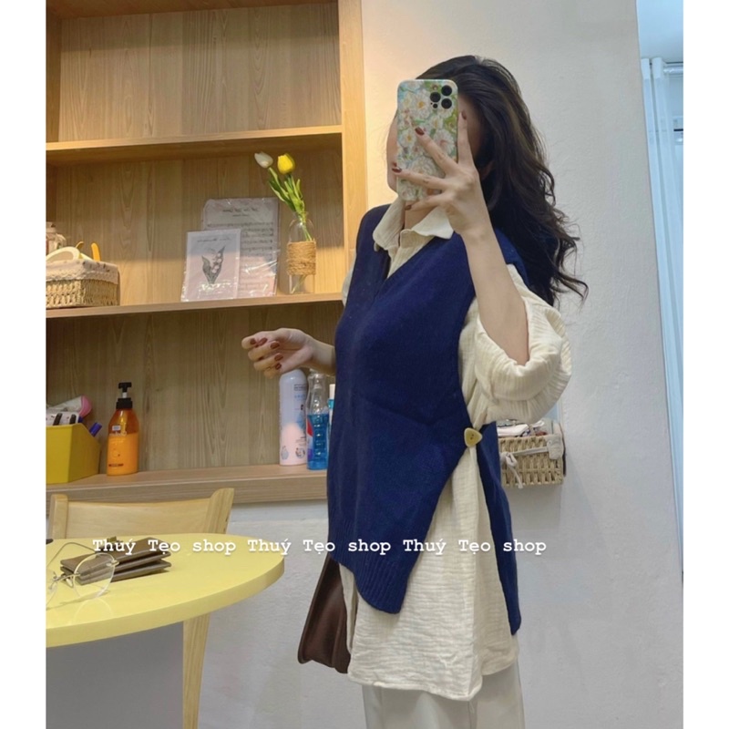 Áo gile xẻ tà cúc hông chất len thỏ mềm