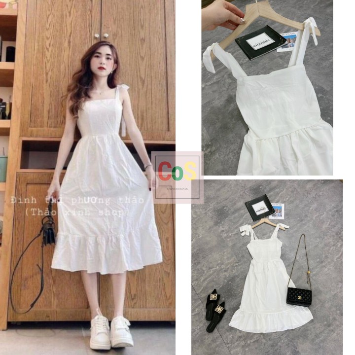 [Mã FAMAYWA2 giảm 10K đơn 50K] Váy Trắng Nữ Hai Dây, COS, Đầm 2 Dây, Buộc Nơ Đuôi Cá, Eo Chun Chất Đũi Dáng Dài, V001 | BigBuy360 - bigbuy360.vn