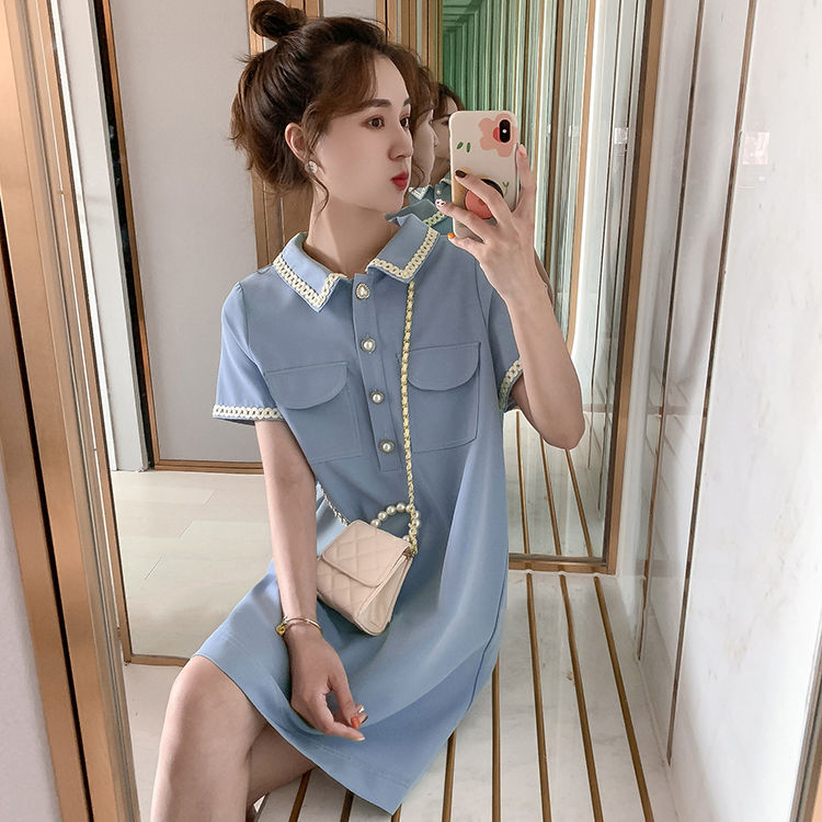 Đầm midi ngắn tay phối nút ngọc trai thời trang mùa hè cho nữ