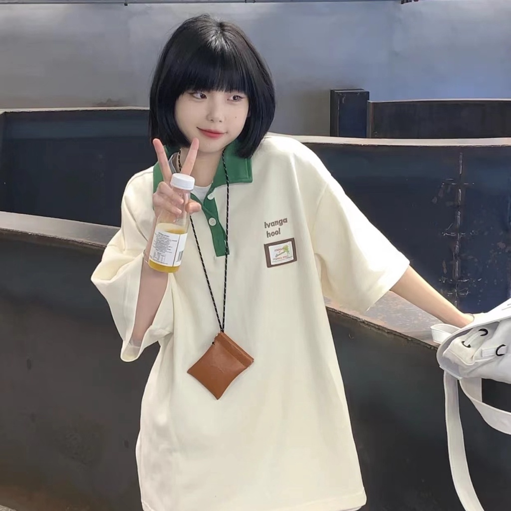 OFF-WHITE Áo Thun Tay Ngắn Dáng Rộng Cổ Polo Màu Sắc Tương Phản Phong Cách Retro Dành Cho Nữ