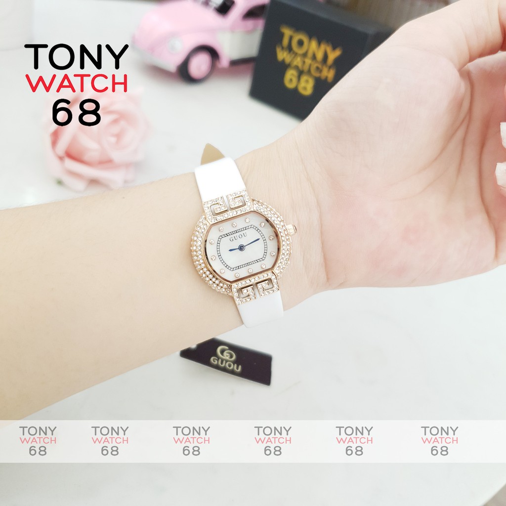 Đồng hồ nữ chính hãng chống nước viền đá kim cô dây da kim xanh