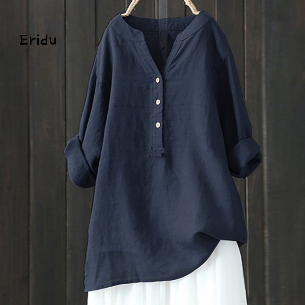 Korean Plus Size Women Solid Color V Neck Long Sleeve Shirt Loose Linen Blouse Top | BigBuy360 - bigbuy360.vn