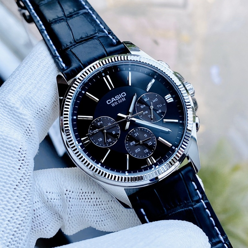 Đồng hồ Nam Casio MTP-1375L-1A, đồng hồ chính hãng, dây da đen mặt đen