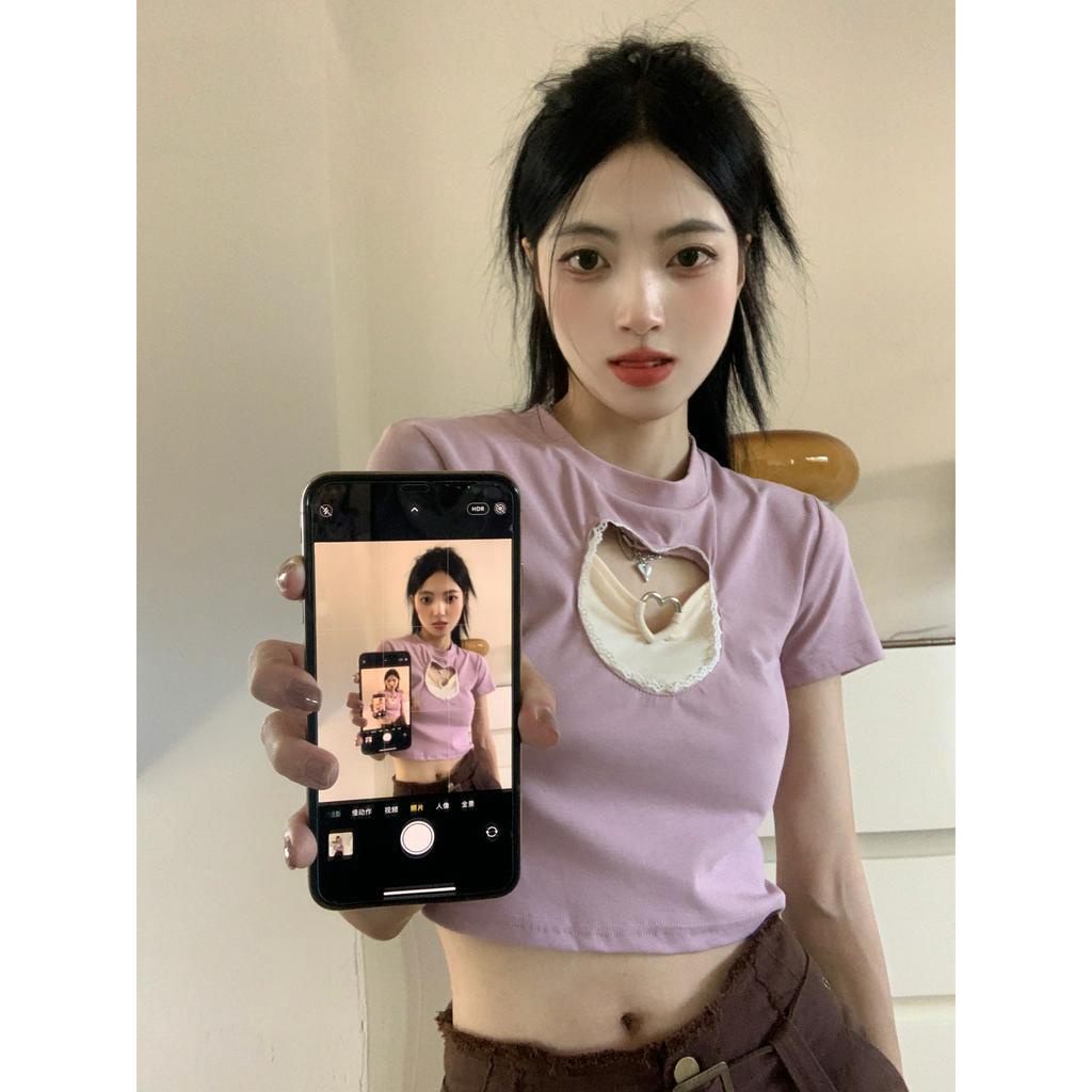 Áo Thun Crop Top Nữ Cổ Tròn Ngắn Tay Khoét Lỗ Hình Trái Tim Gợi Cảm Mùa Hè Mới