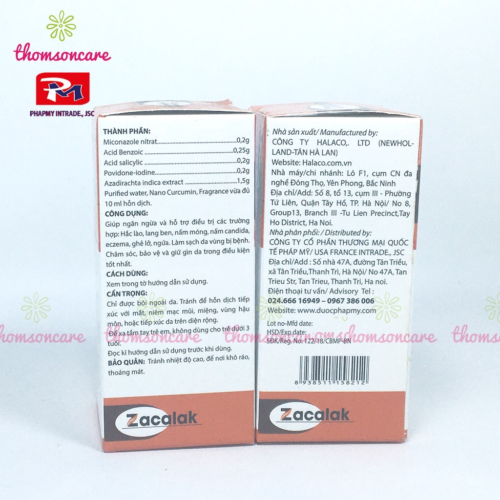 Kem bôi hắc lào, lang ben Zacalak hỗ trợ giảm nấm móng từ cồn povidone Iod và Miconazole lọ 10ml