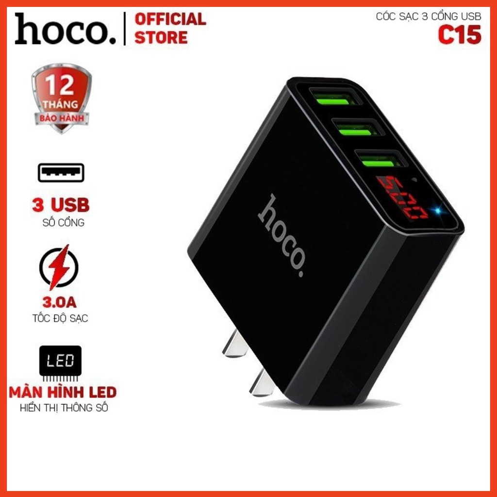 CÓC SẠC HOCO 3 CỔNG USB C15 CÓ MÀN HÌNH LCD ( CHÍNH HÃNG)