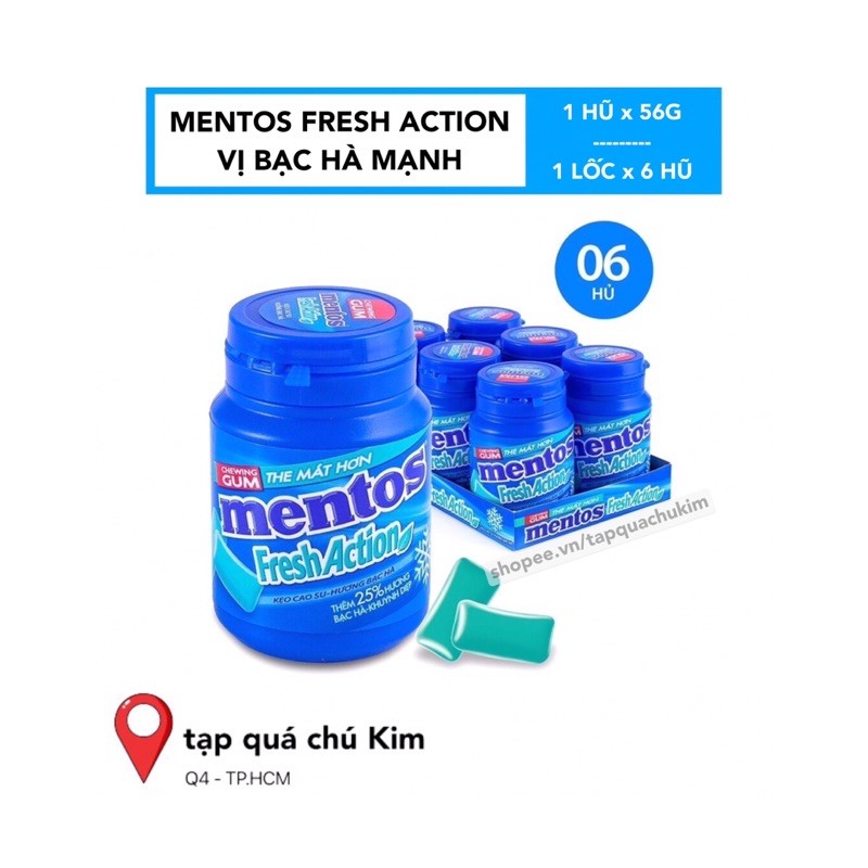 Combo 6 hủ kẹo singum MENTOS Fresh Action vị BẠC HÀ MẠNH (hủ 56G)