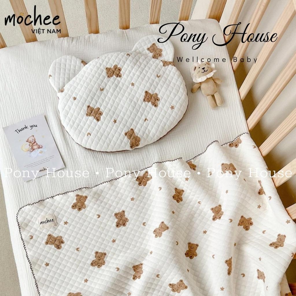 Gối Bông Cotton Lụa Hình Gấu Mochee Gối Ngủ Siêu Mềm, Mịn Cho Bé Sơ Sinh