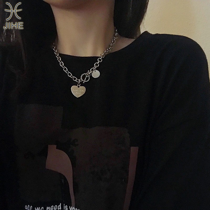 【JIHE】Choker Dây Chuyền / Vòng Tay Mặt Trái Tim Khắc Chữ Đơn Giản Phong Cách Hàn Quốc Cổ Điển