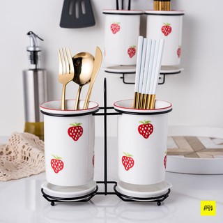 Ống đựng đũa thìa bằng sứ cao cấp – họa tiết Dâu tây đỏ - Loại để bàn [Hàng sẵn]