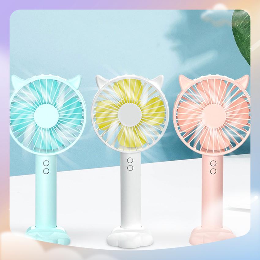 Quạt mini cầm tay tiện dụng handy fan 3 tốc độ gió tai mèo cao cấp có đèn kiêm giá đỡ điện thoại