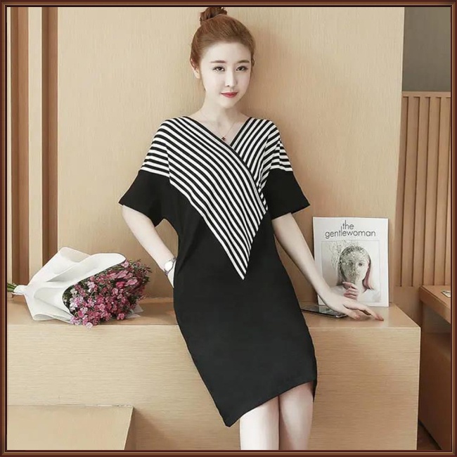 Đầm Midi Tay Ngắn Cổ Chữ V Họa Tiết Kẻ Sọc Thời Trang Cho Nữ