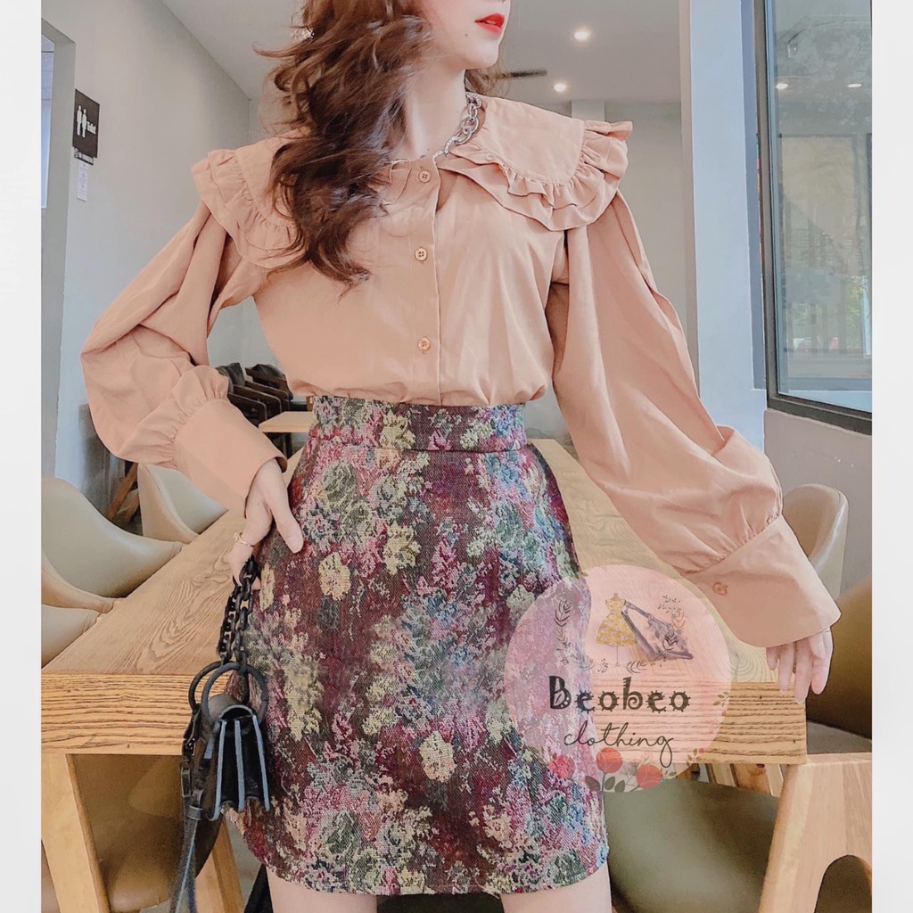 Set áo cổ sen tay phồng kèm chân váy hoa chữ A vintage