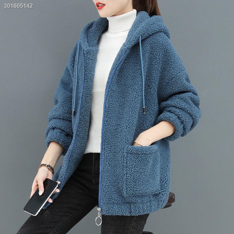 Áo khoác lông cừu dày dáng rộng có khóa kéo phong cách thu đông thời trang cho nữ