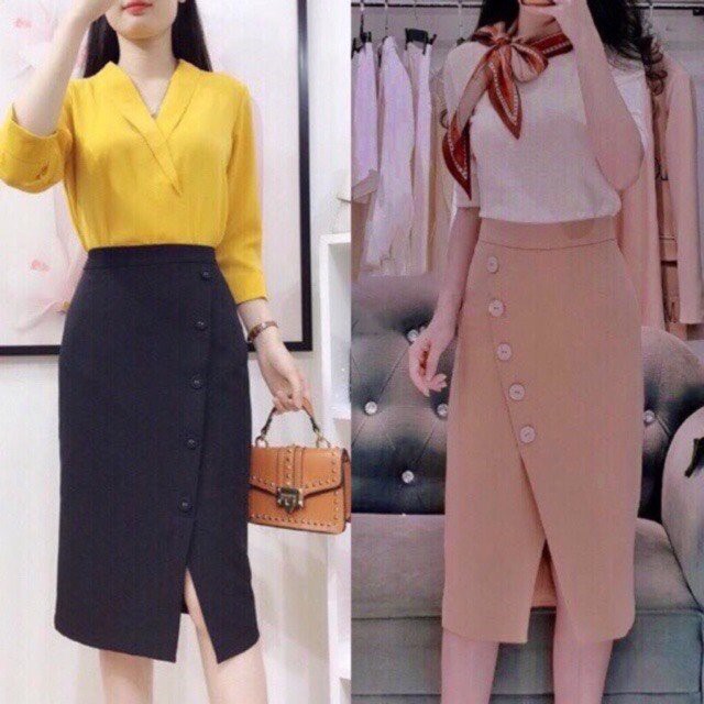 Chân váy bút chì xẻ bên sườn - Chân váy công sở dáng bút chì phối khuy - Chất liệu mềm mịn, không nhăn nhàu - LỖI 1 ĐỔI1