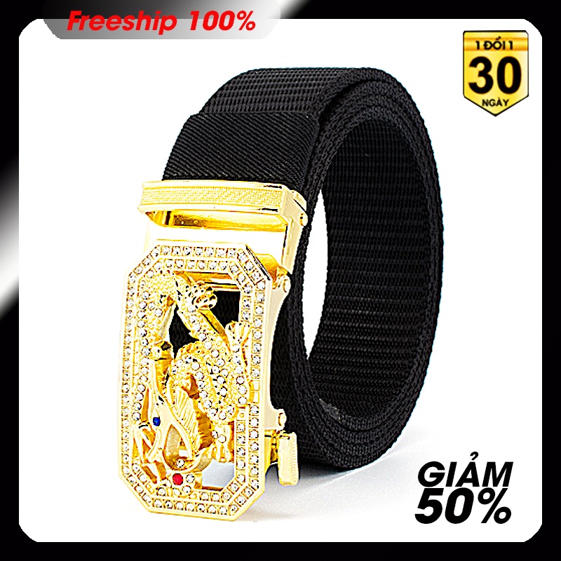 Thắt lưng nam chất liệu vải dù PE-Size 3.5 x115cm dày 0.25 cm - Khóa kim mạ hình rồng vàng đính ngọc - phong cách phượt