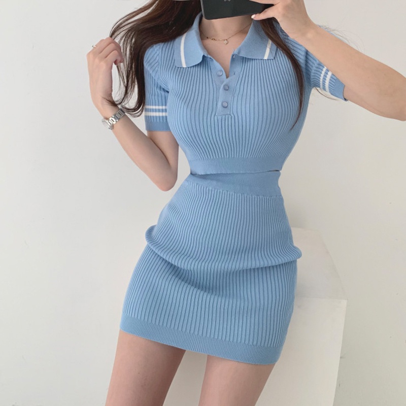 SUXI Bộ Áo Dệt Kim Kẻ Sọc + Chân Váy Lưng Cao Thời Trang Mùa Hè Cho Nữ