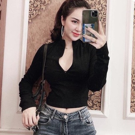 Áo kiểu croptop thun thái xinh mịn dây kéo cổ lọ tay dài hot hit cool