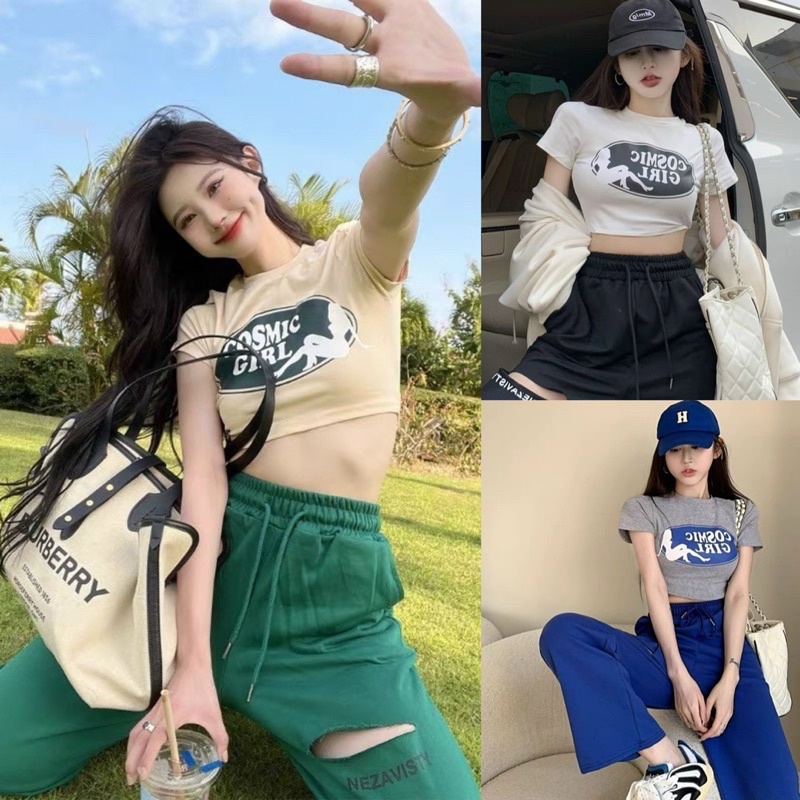 Set Bộ Áo Thun Croptop Comic Girl Kèm quần Jogger rách Uzzang cực chấ t