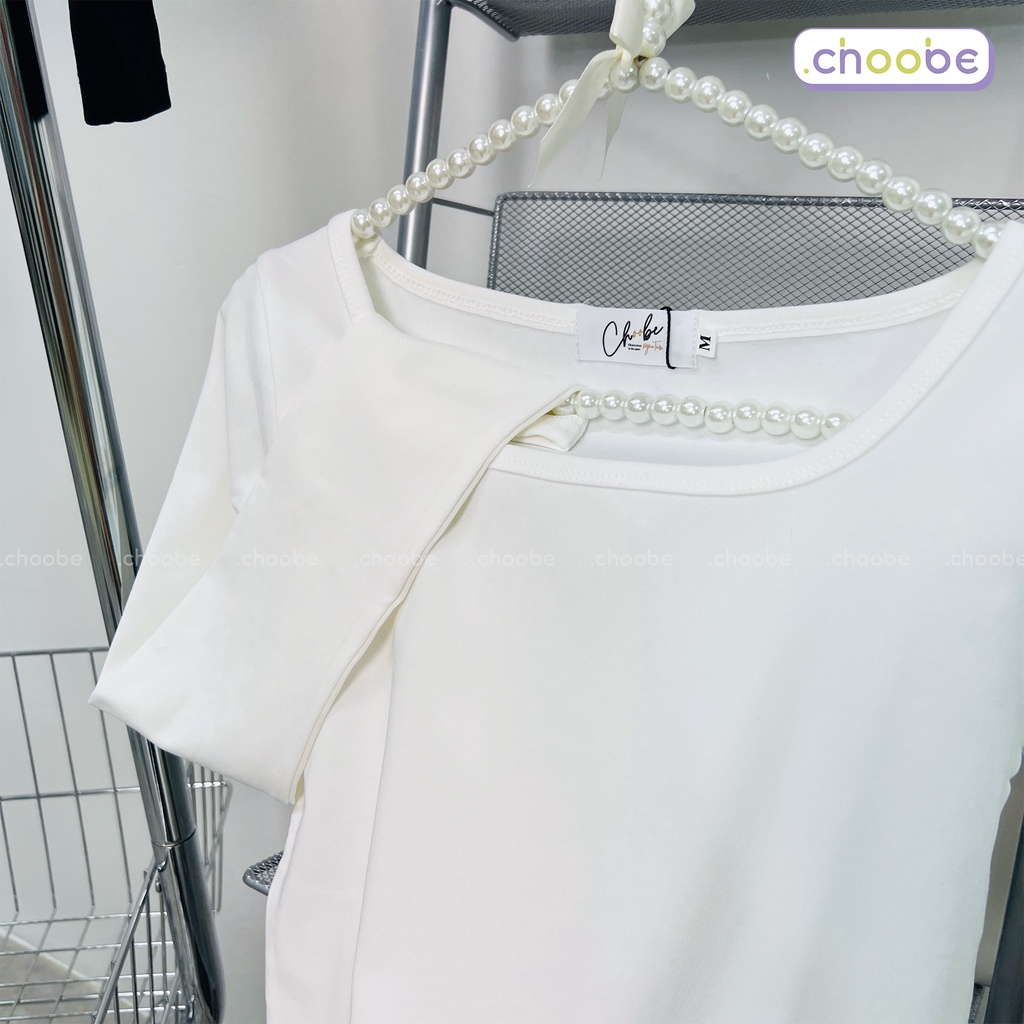 Áo croptop tay dài Choobe cổ vuông vải thun ôm body crotop nữ cotton co giãn tốt A35