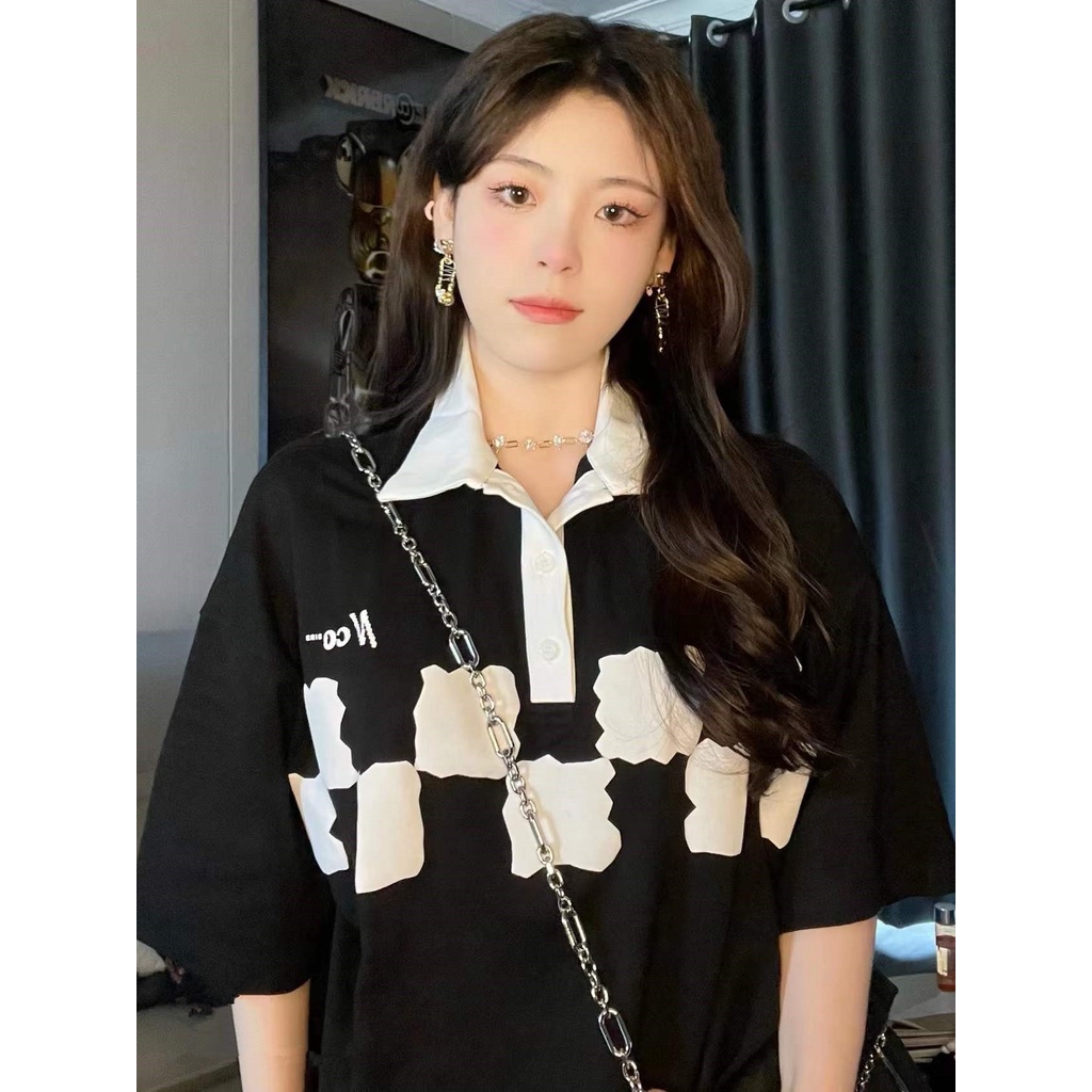 Áo polo ZHELIHANGFEI ngắn tay dáng rộng thời trang retro mỹ cá tính