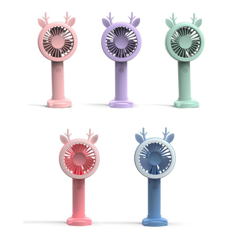 Quạt tích điện mini cầm tay màu sắc có đèn led - tặng kèm tai dễ thương và giá đỡ điện thoại | BigBuy360 - bigbuy360.vn